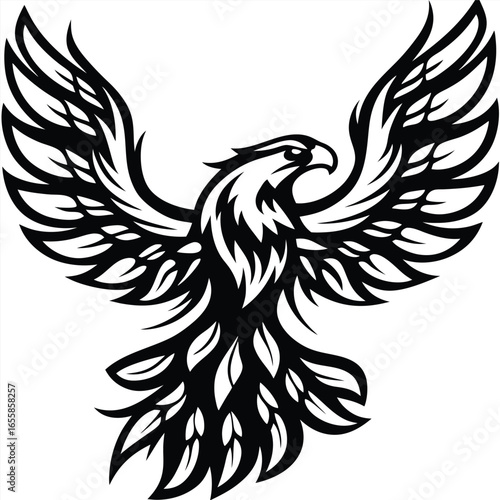 Stylized black eagle soars dynamically with outstretched wings and detailed feathers
