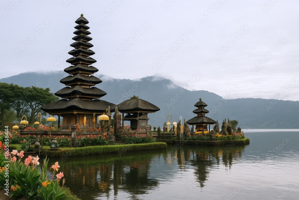 Naklejka premium Serene Temple Complex Reflected in Water, Against Mountain Backdrop, Beautiful Scenery