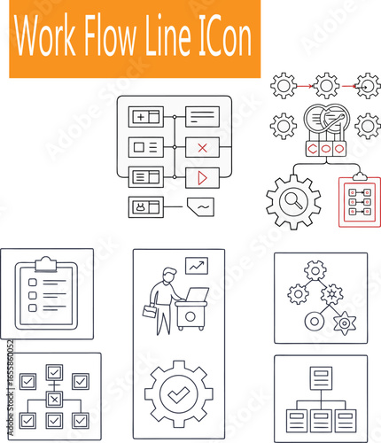 Line style icons of research workflow: hypothesis step, literature icon, method flow, results bar, peer review, publish step, edit correction, data archive.Workflow Efficiency icon set, A set of icons