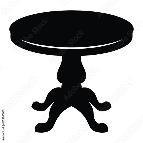 Black Silhouette Icon of Round Wooden Table-Simple black vector silhouette of a round wooden table with decorative legs, suitable for furniture, interior design, and home decor themes