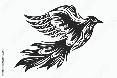 Stylized black bird takes flight displaying intricate wing and tail patterns on a white backdrop