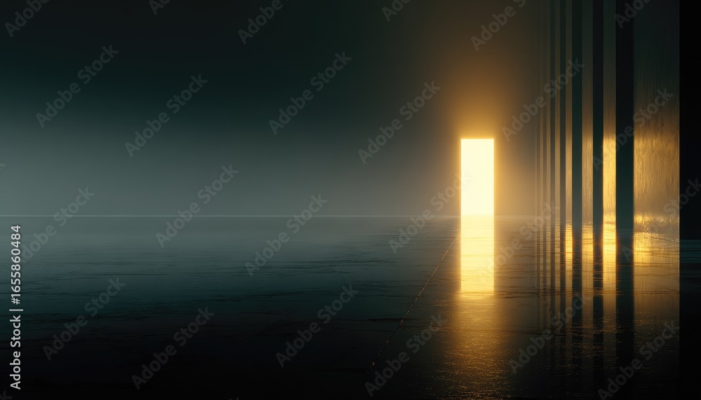 Fototapeta premium Glowing doorway in a dark, hazy room