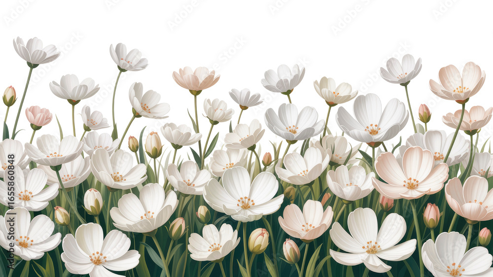 Obraz premium Elegant White Cosmos Flower Field Seamless Border