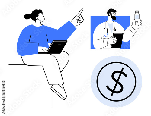 Woman engaging online with doctor holding medication bottle, emphasizing telemedicine, health advice, and budget concerns. Ideal for telehealth, e-consultations, medical advice, virtual care, cost