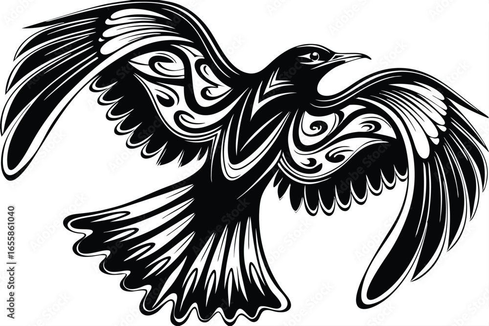 Obraz premium Ornately patterned stylized bird spreads its wings in a dramatic black and white presentation