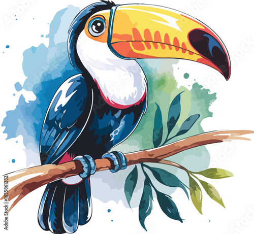A colorful toucan bird with a vibrant yellow beak perched on a tree branch with detailed watercolor-style plumage