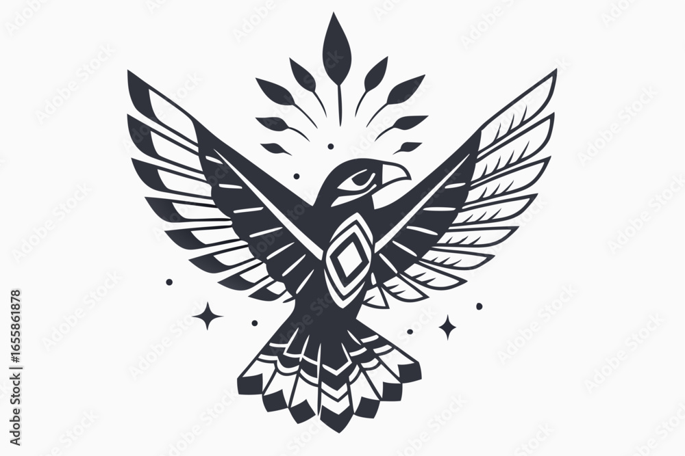 Obraz premium Monochromatic flying falcon displays detailed feathers, diamond chest, and celestial starburst design