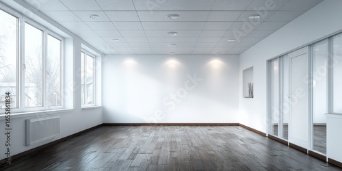Empty Modern Office Space with Natural Light, Wooden Floor, and White Walls Ideal for Business