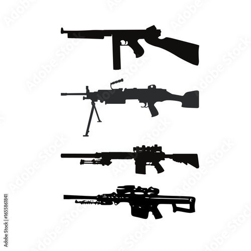 Silhouette set of different rifles and machine guns. Black weapon icons collection isolated on white background. Suitable for military, war, and security design elements.

