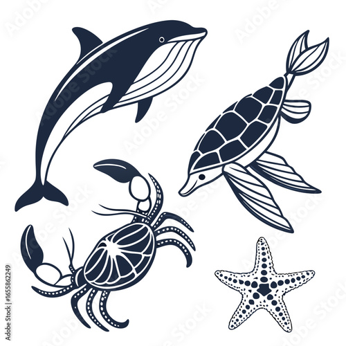 Marine life illustration featuring a dolphin, turtle, crab, and starfish in a clean vector design ideal for ocean themed backgrounds and nautical designs