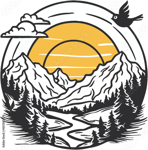 A detailed black and white illustration showcases a mountain landscape with a sun, trees, a river, a bird, and clouds inside a circular shape.