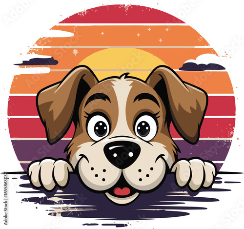 A cartoon illustration of a happy dog peeking over the edge with a cheerful smile, conveying joy and friendliness, looking at the viewer.