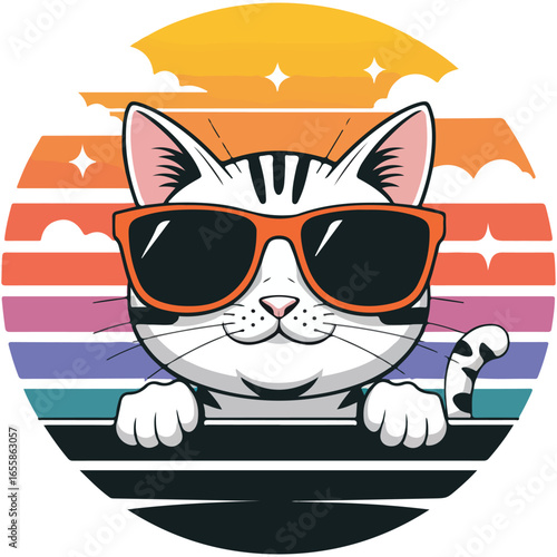 A cute cartoon cat wearing sunglasses in front of a striped background, smiling and posing with a cheerful expression.