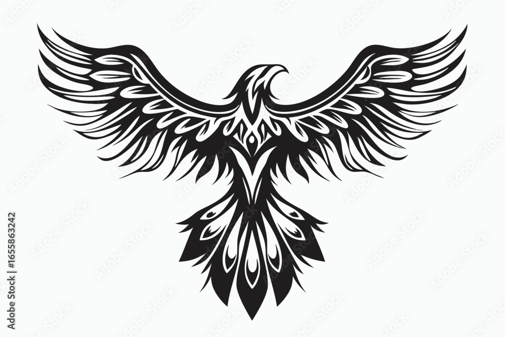 Obraz premium Ornate phoenix soars with striking tribal patterns in black and white monochromatic style