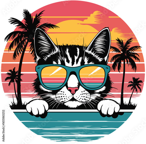 A cool cat wearing sunglasses at the beach, relaxing under the sun with palm trees and a vibrant sunset in the background.