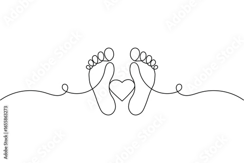 Single line art of baby feet and heart line drawing
