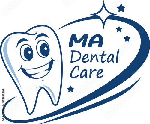 Happy tooth logo vector illustration with smile and heart design elements