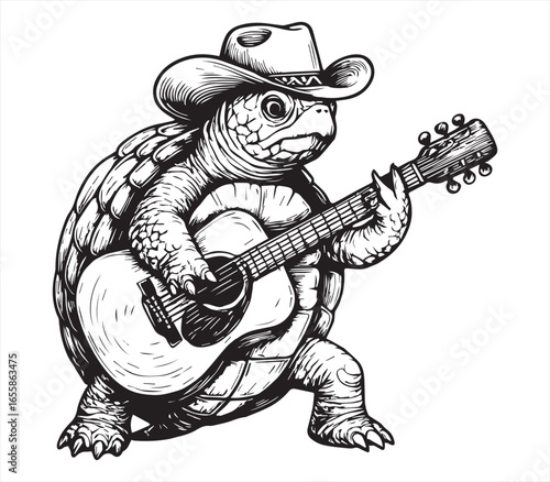 Turtle Playing Guitar – Cowboy Music Animal Illustration
