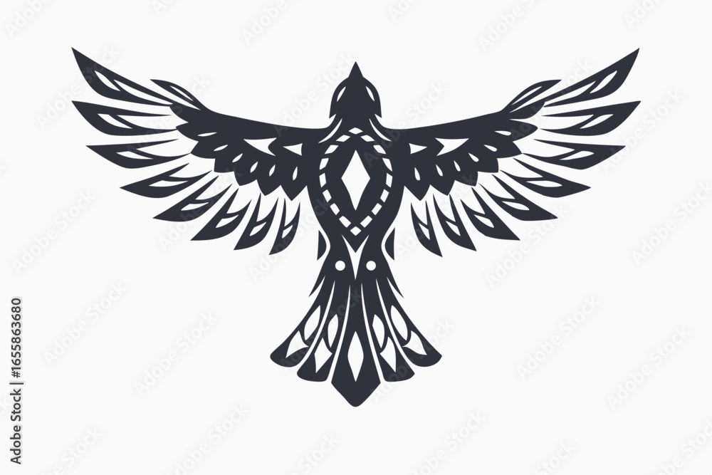 Obraz premium Intricate tattooinspired bird with striking wings in upward flight represents freedom and spiritual guidance