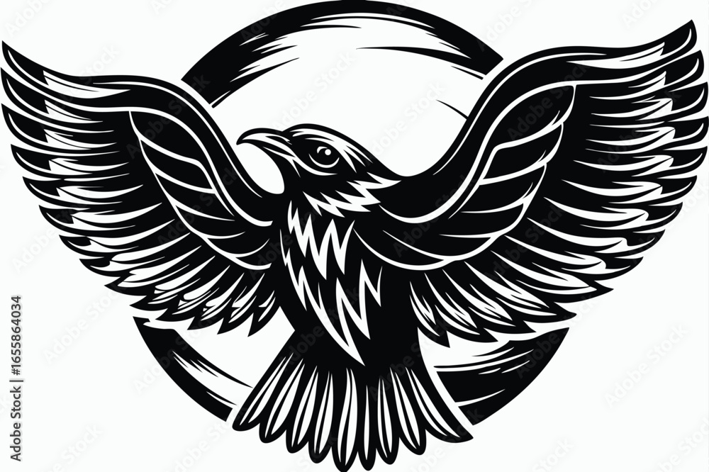 Fototapeta premium Majestic eagle soars powerfully through a broken black circle in detailed form