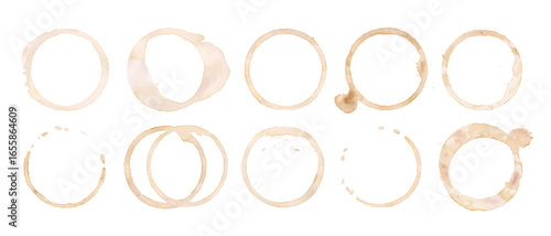Coffee cup or tea stain drink ring vector illustration set isolated on white background. Coffee stain mark trace ring cup spot trace. Brown round splashes of drink collection.