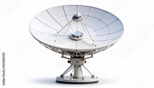 Large white satellite dish antenna mounted on a cylindrical base, supported by a metal framework