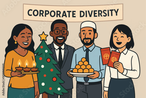 Vector illustration showing corporate diversity celebration with characters representing multiple cultures and holidays, scalable and inclusive design.