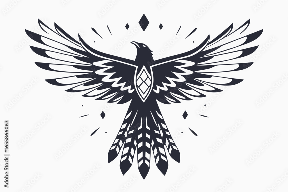 Obraz premium Monochromatic stylized eagle spreads out its detailed wings, adorned with diamonds and feathers
