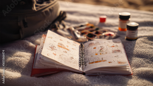 Detailed travel journal with vacation drawings on a soft, inviting blanket ready to display.