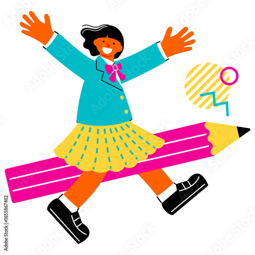 Pop and colorful illustration of a schoolgirl with her hands outstretched on a large pencil