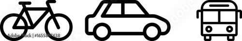 Simple icons of a bicycle, car, and bus represent different modes of transportation.