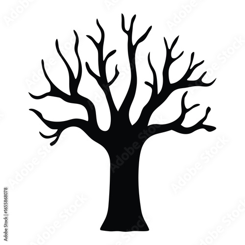 Black silhouette of a leafless tree with many branches, against a white backdrop