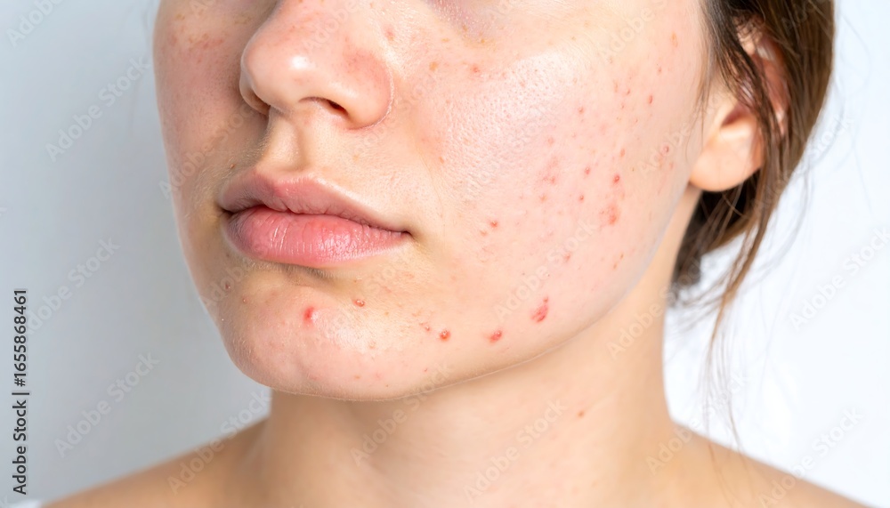Obraz premium Close-up of a young woman's face showing acne breakouts on her cheeks and chin