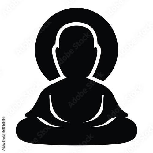Stylized black and white representation of Buddha meditating with halo behind head