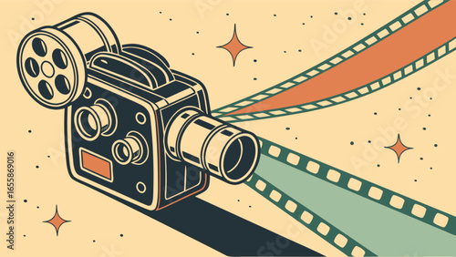 Vintage movie camera film reel illustration for filmmaking and cinema enthusiasts with retro style and design