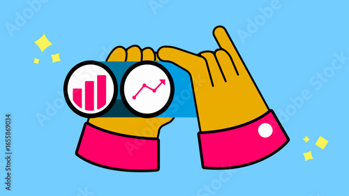 Hand with binocular forecasting about accounts and finances illustration
