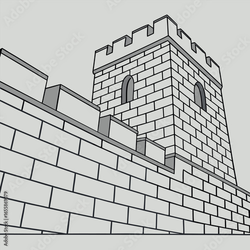 Architectural Marvel The Great Wall Structure with a Watchtower and Arched Windows Depicted in Detailed Illustration Against Light Background