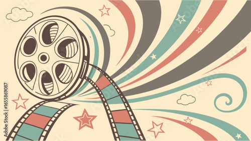 Vintage movie film reel with retro stripes and stars for cinema and entertainment concept design vector art