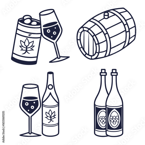 Wine Barrel, Bottles, and Glasses Vector Illustration Set for Beverage Industry and Tasting Events with Grape Motifs
