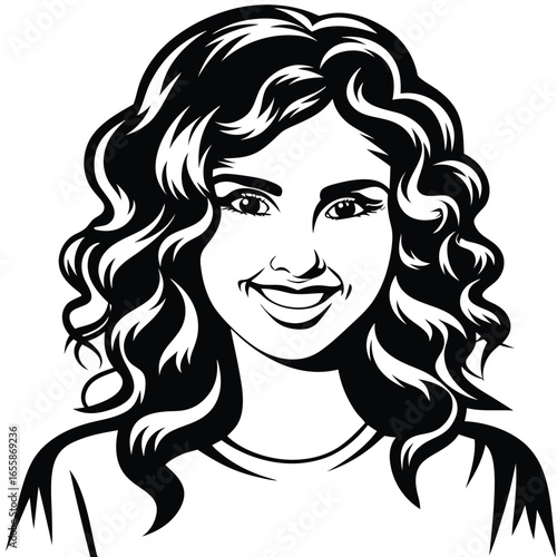 Smiling Caucasian girl with wavy dark hair looks directly at the viewer confidently