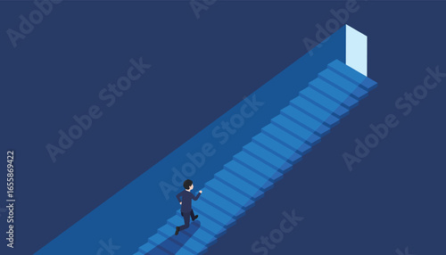 明るい光の方向を目指して階段を駆け上がるスーツの男性