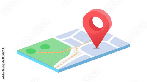 Red map pin location pointer icon on isometric map for gps navigation and destination search concept design