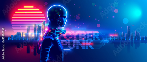 Portrait of a cyborg woman. A cyborg girl against the background of a fantastic city. Wallpaper with a beautiful cyborg female character in neon light at sunset in cyberpunk style. Sci-fi illustration
