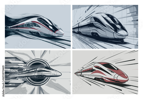 Collage of highspeed train illustrations showcasing modern transportation and technological advancement