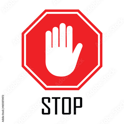 stop hand sign vector design, stop sign is prohibited, Red stop hand sign. Traffic regulatory stop symbol. Vector illustration.