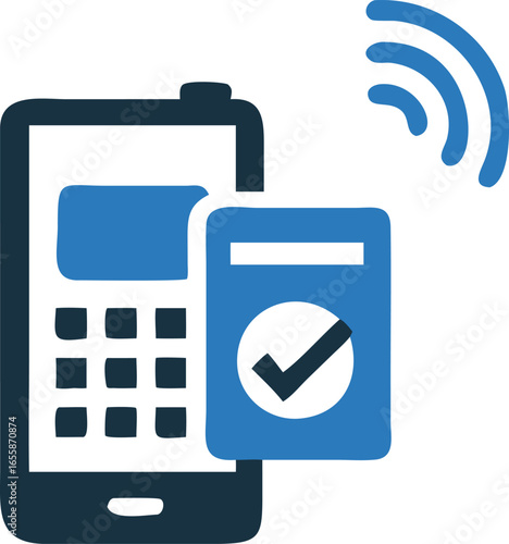 Smartphone displays a checkmark for successful mobile transaction with wireless connectivity available nearby