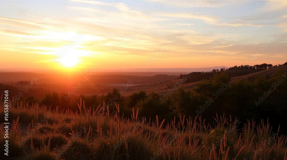 Obraz premium Sun setting over hills grass in foreground glows with light
