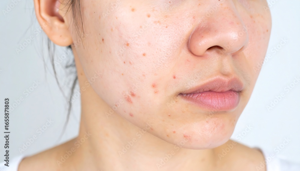 Obraz premium Closeup of Young Woman's Face Showing Acne and Blemishes