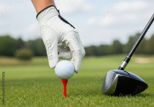 Hand in golf glove placing ball on tee next to driver