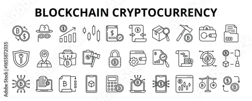 30 Blockchain Cryptocurrency Line Icons Vector - Coin Investment, Crypto Market, Bitcoin Mining, Encryption, Mining Pool, Trading